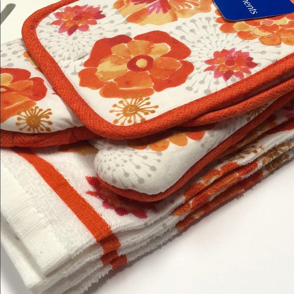 7 piece potholders & towel set orange flowers mitt - Picture 3 of 6